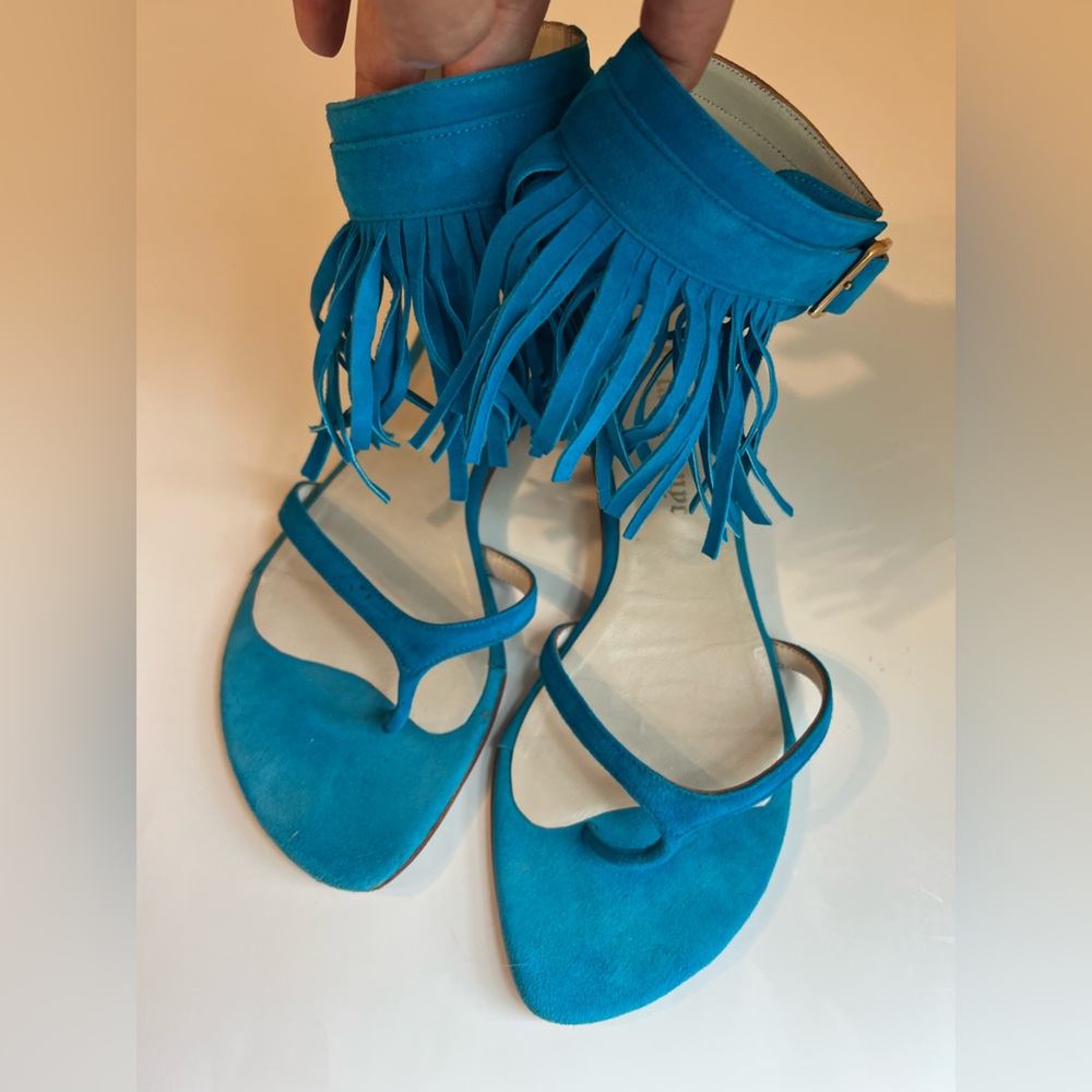 Candela NYC Fringed Turquoise Blue Suede Leather Sandals Size 39
